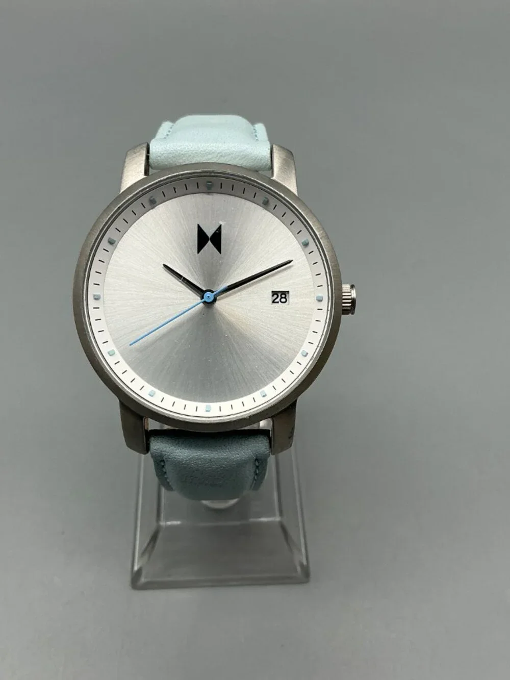 MVMT Skyline Womens Watch 38mm Silver Tone Blue Leather Band New Battery